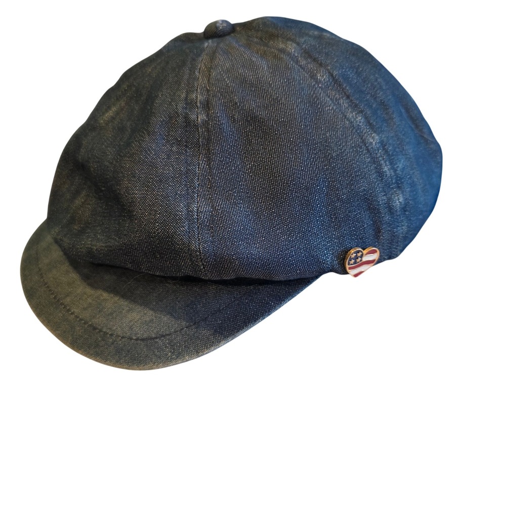 Vintage 90s 8 Panel Denim Newsboy Cap Hat Indigo Twill American Flag Heart Pin